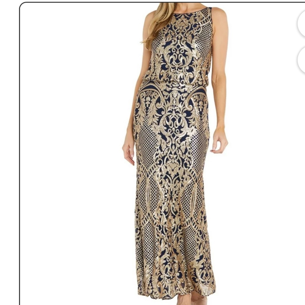 R&M Richards Womens Sequined Evening Navy Gold Maxi Gown Dress Size 6